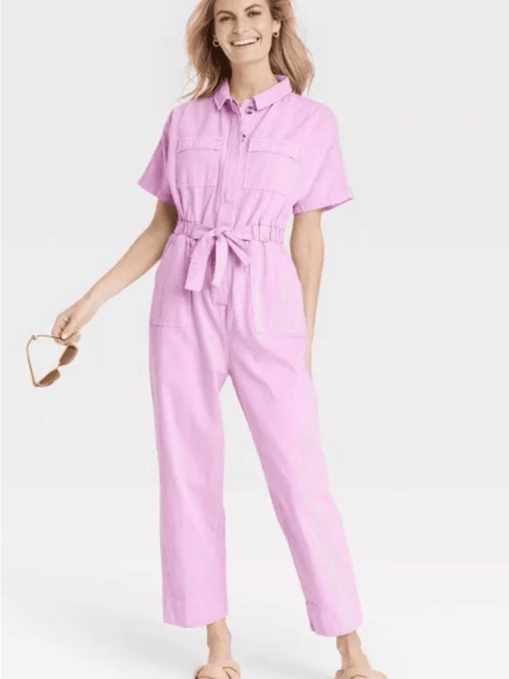 Universal Thread Pastel Lilac Short-Sleeve Tie-Waist Jumpsuit